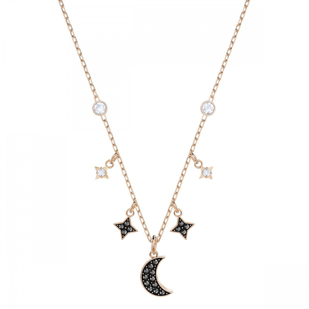 SYMBOLIC MOON & STARS NECKLACE, BLACK & CLEAR SWAROVSKI CRYSTALS, ROSE-GOLD TONE PLATED