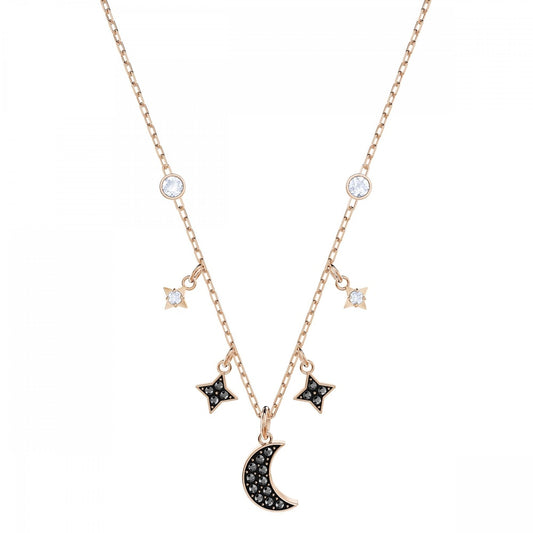 SYMBOLIC MOON & STARS NECKLACE, BLACK & CLEAR SWAROVSKI CRYSTALS, ROSE-GOLD TONE PLATED