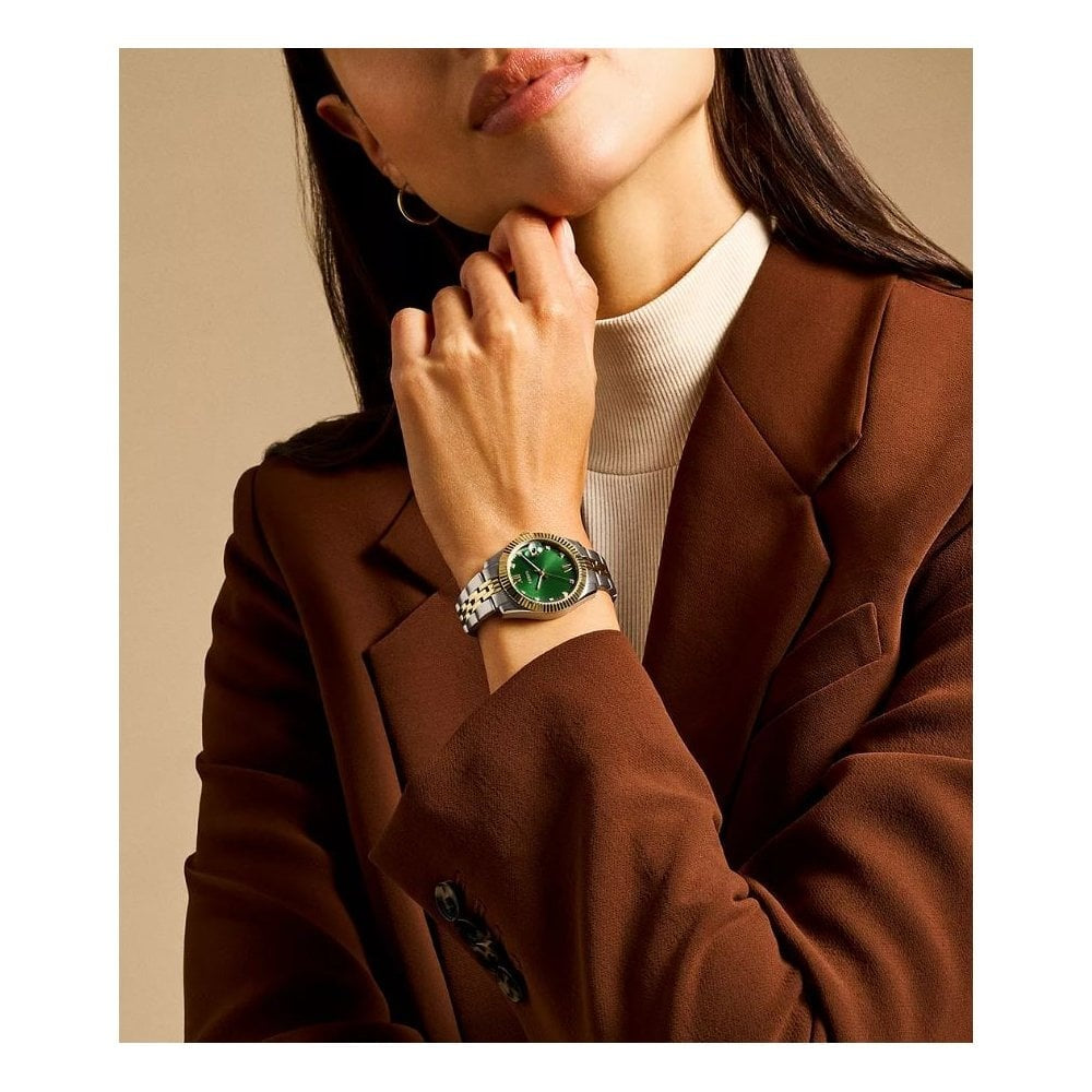 Scarlette Three-Hand, Date, Green Sunray Dial, Two-Toned Ladies Stainless Steel Watch
