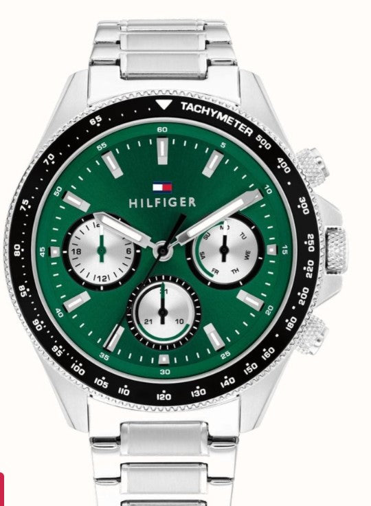TOMMY HILFIGER GREEN CHRONO GENTS STAINLESS STEEL WATCH