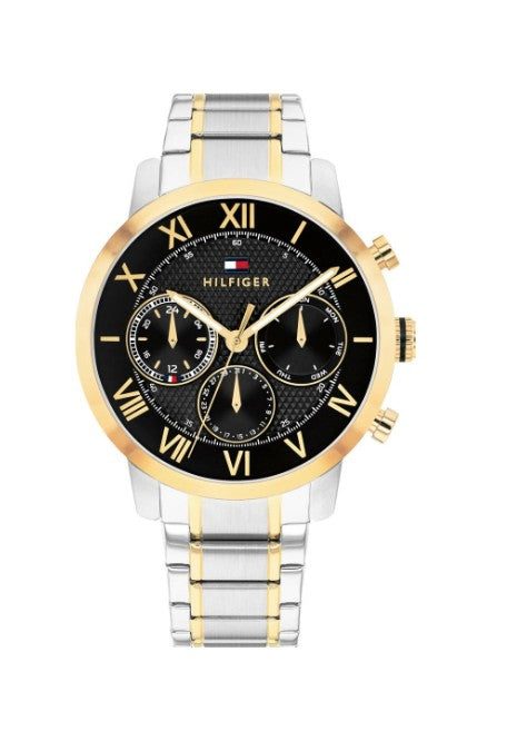 TOMMY HILFIGER BLACK CHRONO TWO-TONED GENTS STAINLESS STEEL WATCH