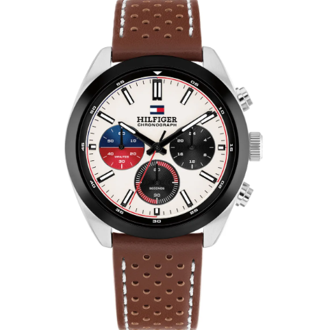 TOMMY HILFIGER CREAM CHRONO DIAL GENTS BROWN LEATHER WATCH