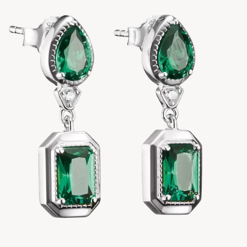 Silver Stud Earrings with Green Octagon Stones Elyndra