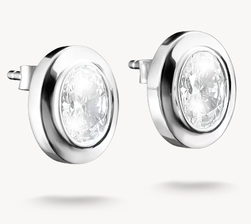 Silver Oval Stud Earrings with Zirconia Stones