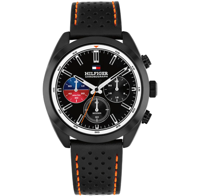 TOMMY HILFIGER BLACK CHRONO DIAL GENTS BLACK/ORANGE LEATHER WATCH