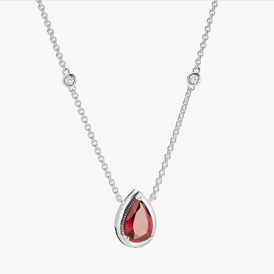 Silver Necklace with Red Teardrop Stone and White Zirconia Elyndra