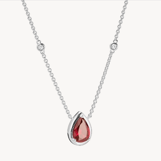 Silver Necklace with Red Teardrop Stone and White Zirconia Elyndra