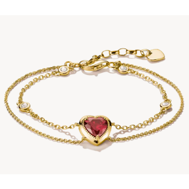 18ct Gold on Silver Two-Row Bracelet with Red Heart Stone Elyndra