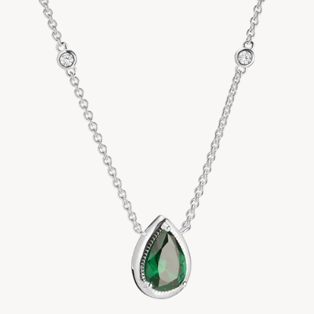 Thomas Sabo Silver Necklace with Green Teardrop Stone and White Zirconia Elyndra