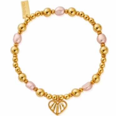 CHLOBO GOLD LOVING HEART PINK PEARL BRACELET