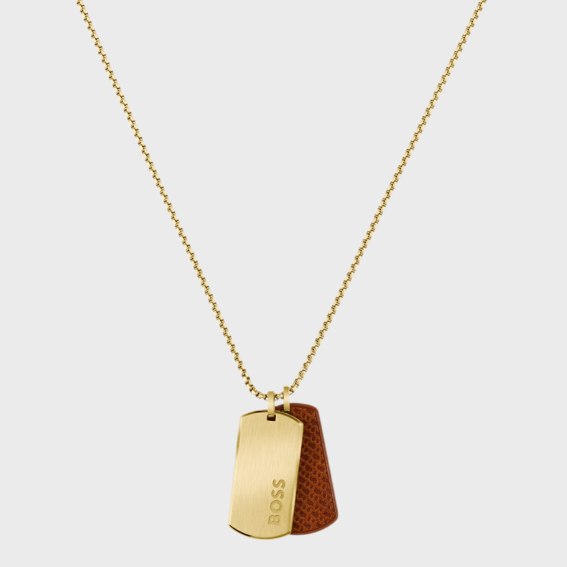 BOSS DEVON GOLD STEEL & LEATHER DOG TAG PENDANT