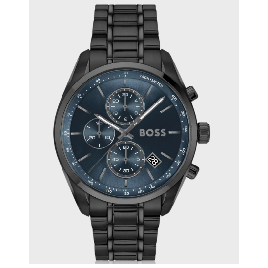 BOSS GRAND PRIX BLUE DIAL GENTS BLACK STAINLESS STEEL WATCH
