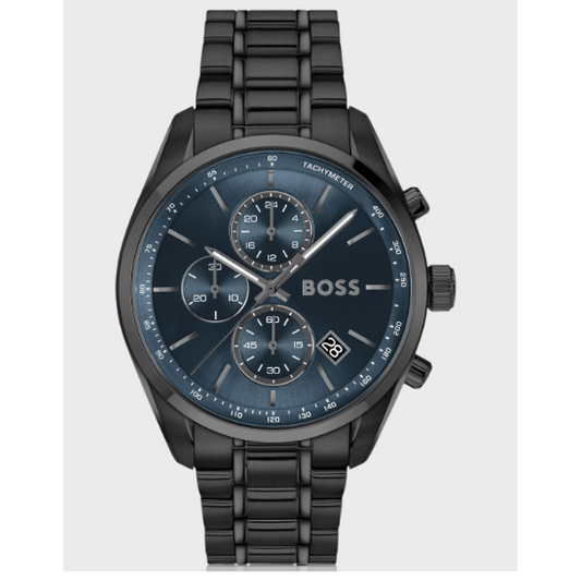 BOSS GRAND PRIX BLUE DIAL GENTS BLACK STAINLESS STEEL WATCH