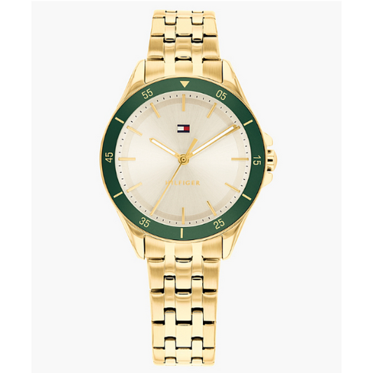 TOMMY HILFIGER GREEN BEZEL LADIES GOLD STAINLESS STEEL WATCH