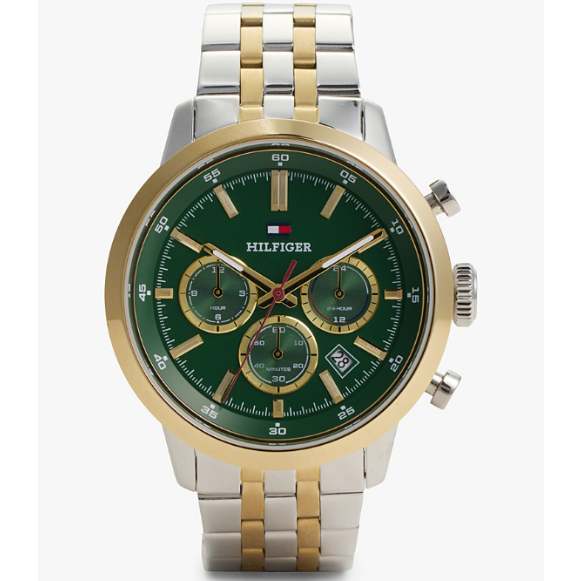 TOMMY HILFIGER GREEN CHRONO GENTS TWO-TONED STAINLESS STEEL WATCH