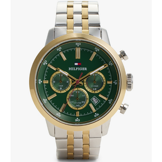 TOMMY HILFIGER GREEN CHRONO GENTS TWO-TONED STAINLESS STEEL WATCH