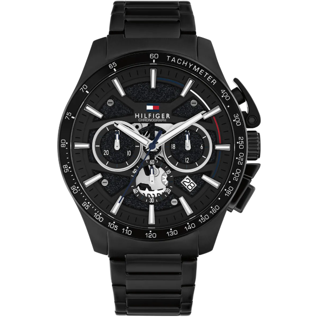 TOMMY HILFIGER BLACK CHRONO GENTS BLACK STAINLESS STEEL WATCH