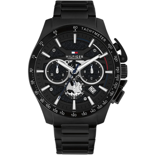 TOMMY HILFIGER BLACK CHRONO GENTS BLACK STAINLESS STEEL WATCH