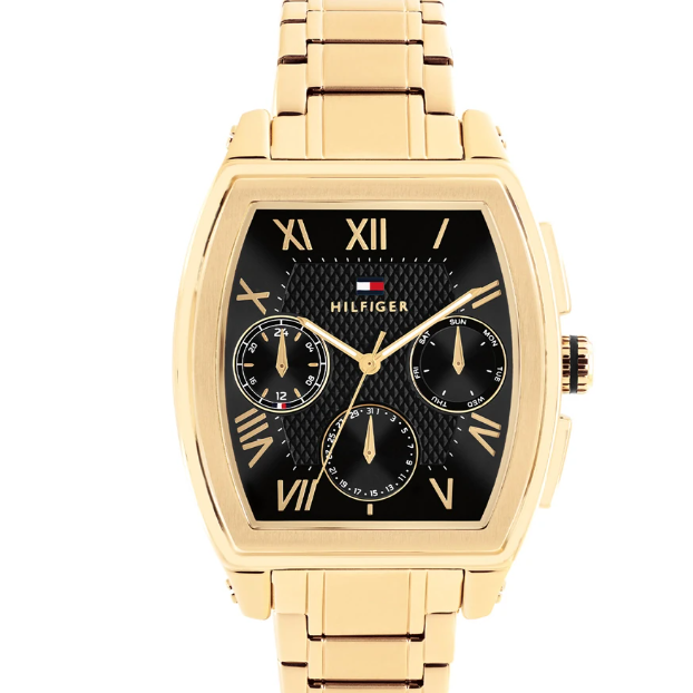 TOMMY HILFIGER BLACK CHRONO GENTS GOLD STAINLESS STEEL WATCH