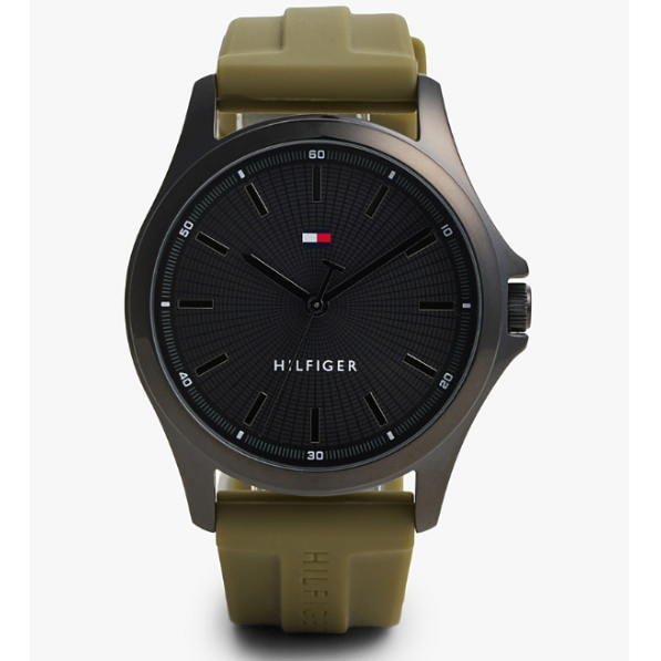 TOMMY HILFIGER BLACK DIAL GREEN SILICONE WATCH
