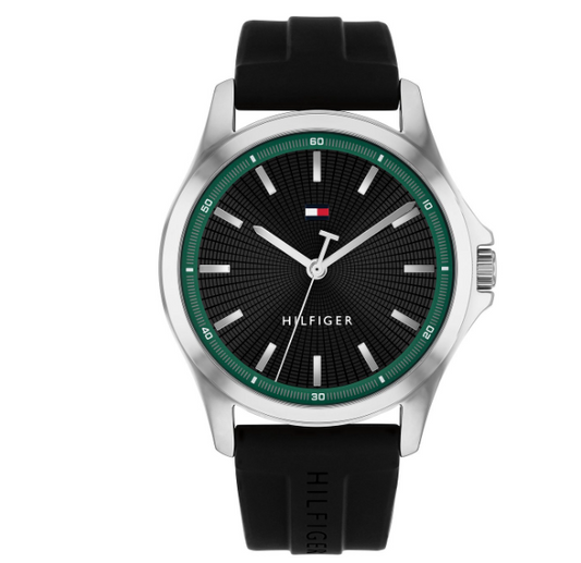 TOMMY HILFIGER BLACK/GREEN DIAL GENTS BLACK SILICONE WATCH