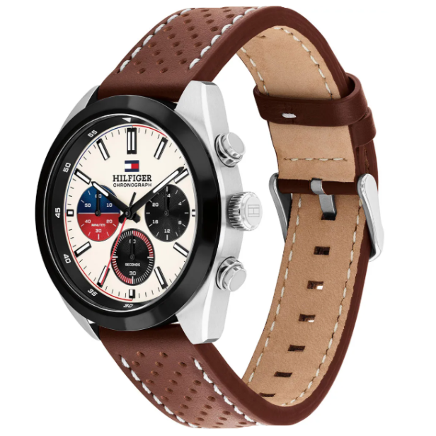 TOMMY HILFIGER CREAM CHRONO DIAL GENTS BROWN LEATHER WATCH