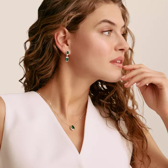 Silver Stud Earrings with Green Octagon Stones Elyndra