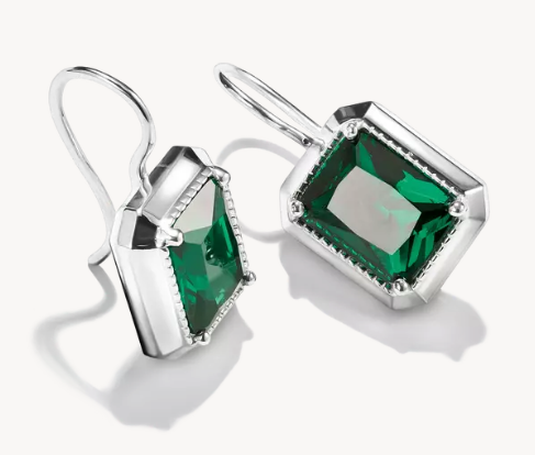 Silver Drop Earrings with Green Octagon Stones Elyndra