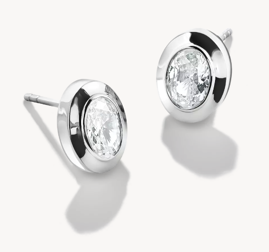 Silver Oval Stud Earrings with Zirconia Stones
