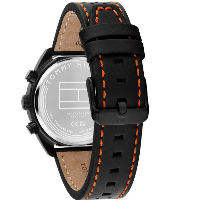 TOMMY HILFIGER BLACK CHRONO DIAL GENTS BLACK/ORANGE LEATHER WATCH