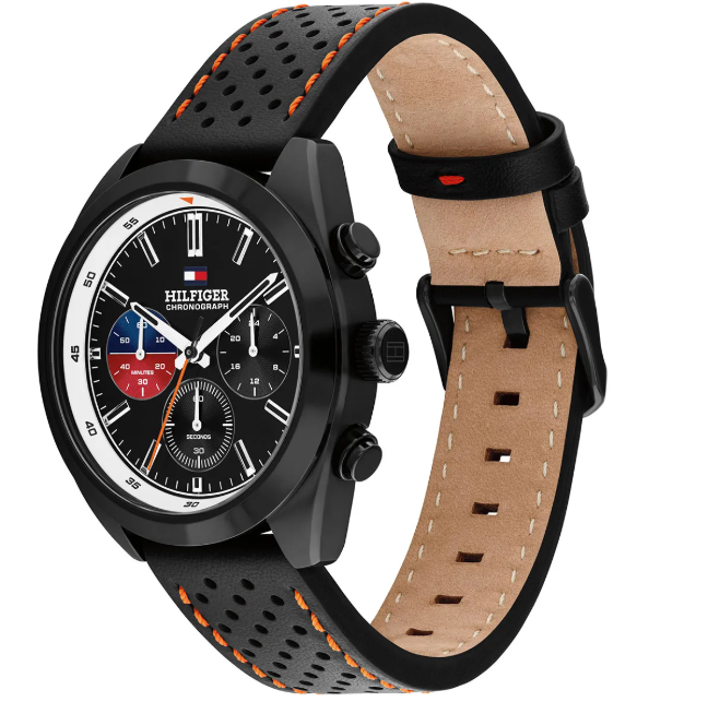 TOMMY HILFIGER BLACK CHRONO DIAL GENTS BLACK/ORANGE LEATHER WATCH