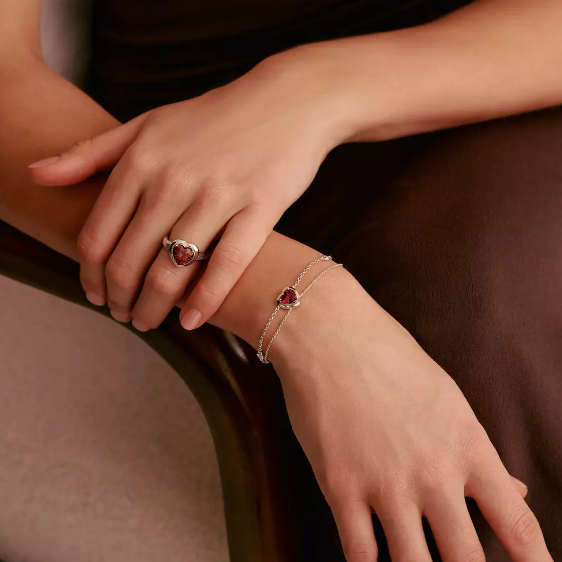 Silver Two-Row Thomas Sabo Bracelet with Red Heart Stone Elyndra