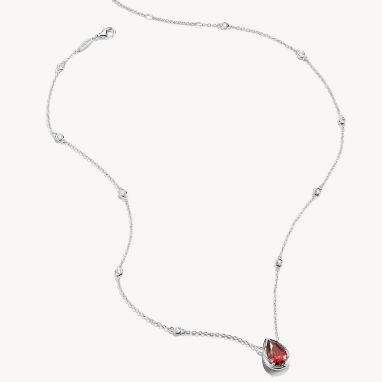 Silver Necklace with Red Teardrop Stone and White Zirconia Elyndra