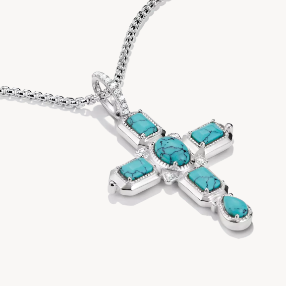 Silver Cross Pendant with Turquoise Stones