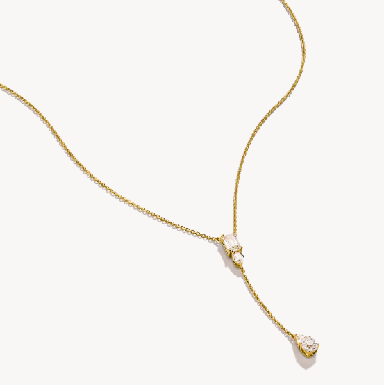 18ct Gold on Silver Y Necklace with White Zirconia Stones Bold Elegance