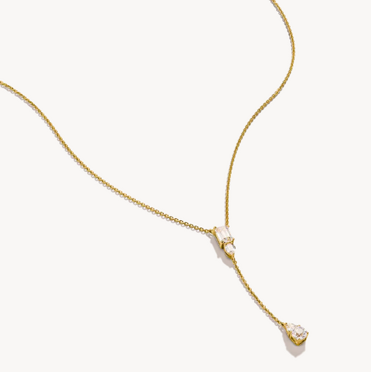 18ct Gold on Silver Y Necklace with White Zirconia Stones Bold Elegance