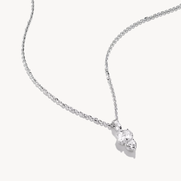 Silver Necklace with Oval and Heart Zirconia Stones