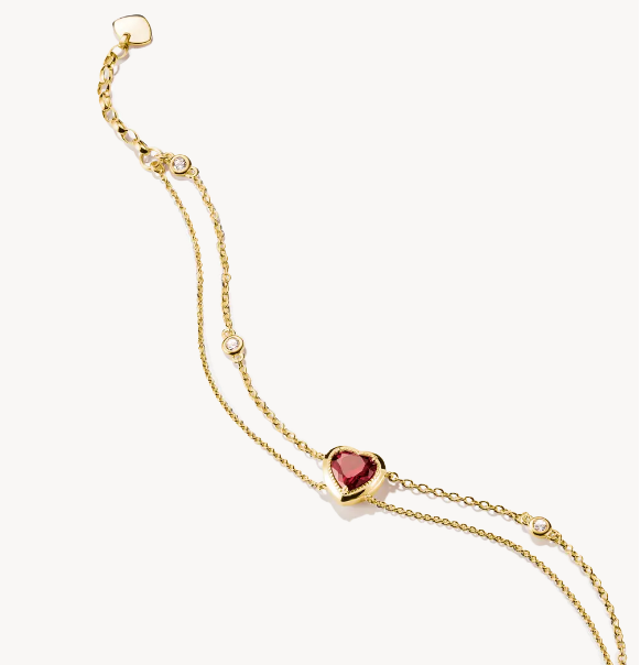 18ct Gold on Silver Two-Row Bracelet with Red Heart Stone Elyndra