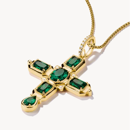 Thomas Sabo 18ct Gold on Silver Cross Pendant with Green Zirconia Stones