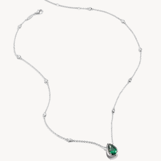 Thomas Sabo Silver Necklace with Green Teardrop Stone and White Zirconia Elyndra