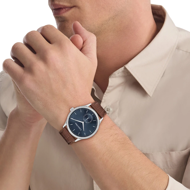 CALVIN KLEIN TAILORED BLUE DIAL GENTS BROWN LEATHER WATCH