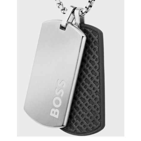 BOSS DEVON STEEL & LEATHER DOG TAG PENDANT