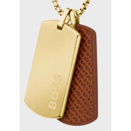 BOSS DEVON GOLD STEEL & LEATHER DOG TAG PENDANT