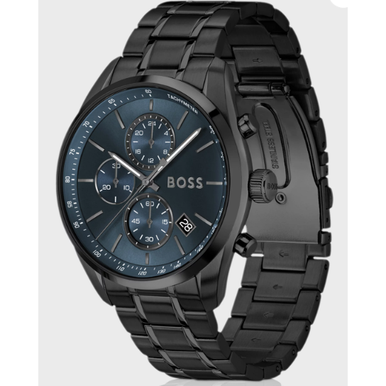 BOSS GRAND PRIX BLUE DIAL GENTS BLACK STAINLESS STEEL WATCH