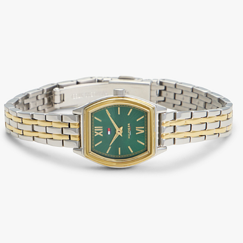 TOMMY HILFIGER GREEN DIAL LADIES TWO-TONED STAINLESS STEEL WATCH