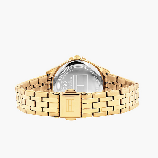 TOMMY HILFIGER GREEN BEZEL LADIES GOLD STAINLESS STEEL WATCH