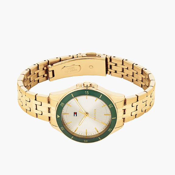 TOMMY HILFIGER GREEN BEZEL LADIES GOLD STAINLESS STEEL WATCH