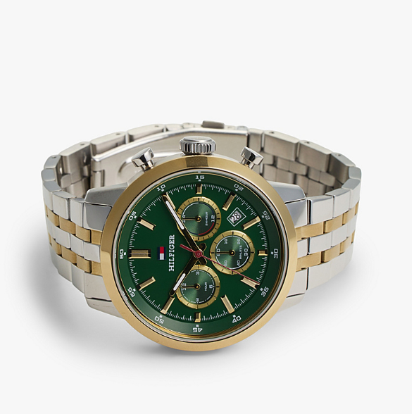 TOMMY HILFIGER GREEN CHRONO GENTS TWO-TONED STAINLESS STEEL WATCH