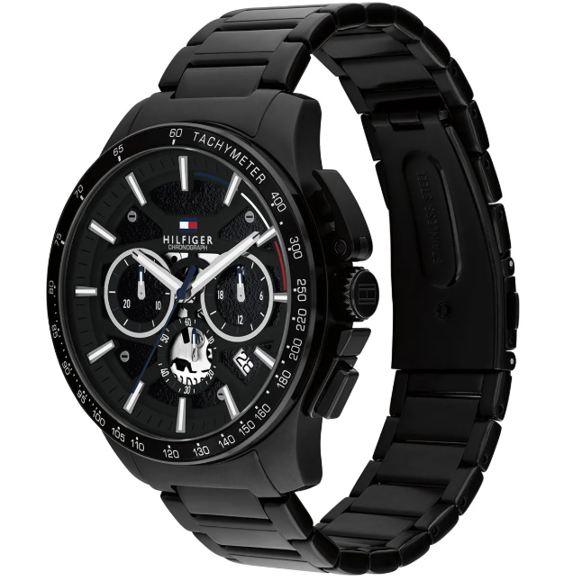 TOMMY HILFIGER BLACK CHRONO GENTS BLACK STAINLESS STEEL WATCH