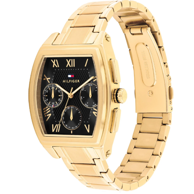 TOMMY HILFIGER BLACK CHRONO GENTS GOLD STAINLESS STEEL WATCH